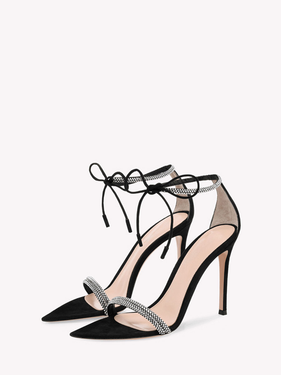 Women’s Black Satin Pointed Toe Rhinestone Ankle Strap Stiletto Heels Sandals (1)