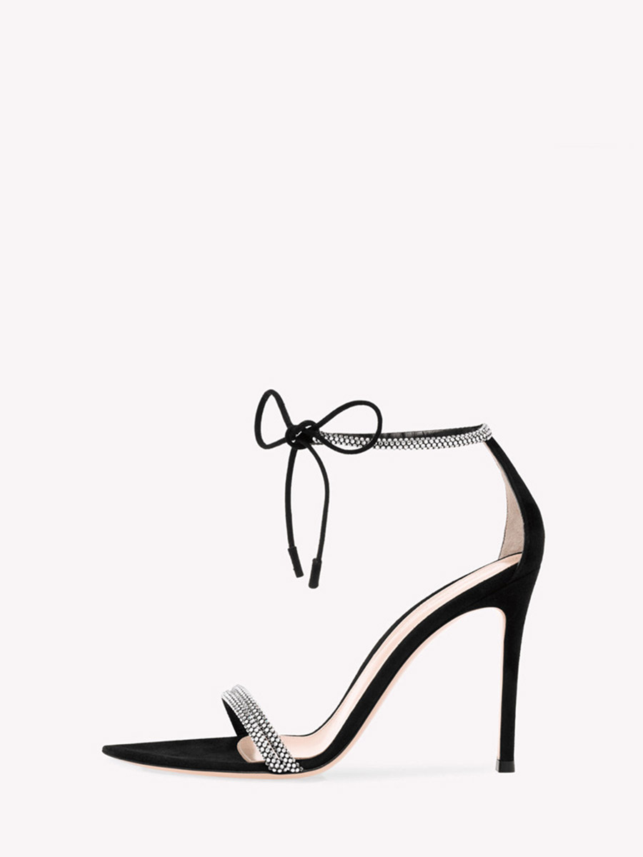 Women’s Black Satin Pointed Toe Rhinestone Ankle Strap Stiletto Heels Sandals