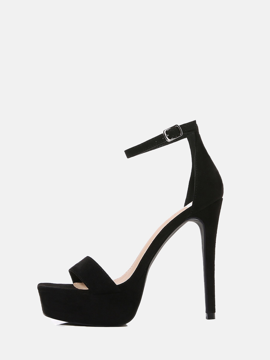 Women’s Black Suede Ankle Strap Square Toe Platform Stiletto Heels Sandals