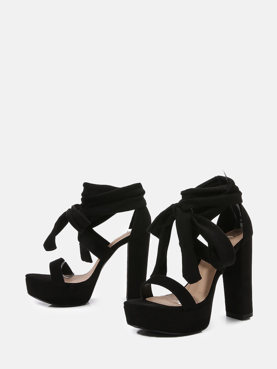 Women’s Black Suede Open Toe Strappy Platform Block Heels Sandals