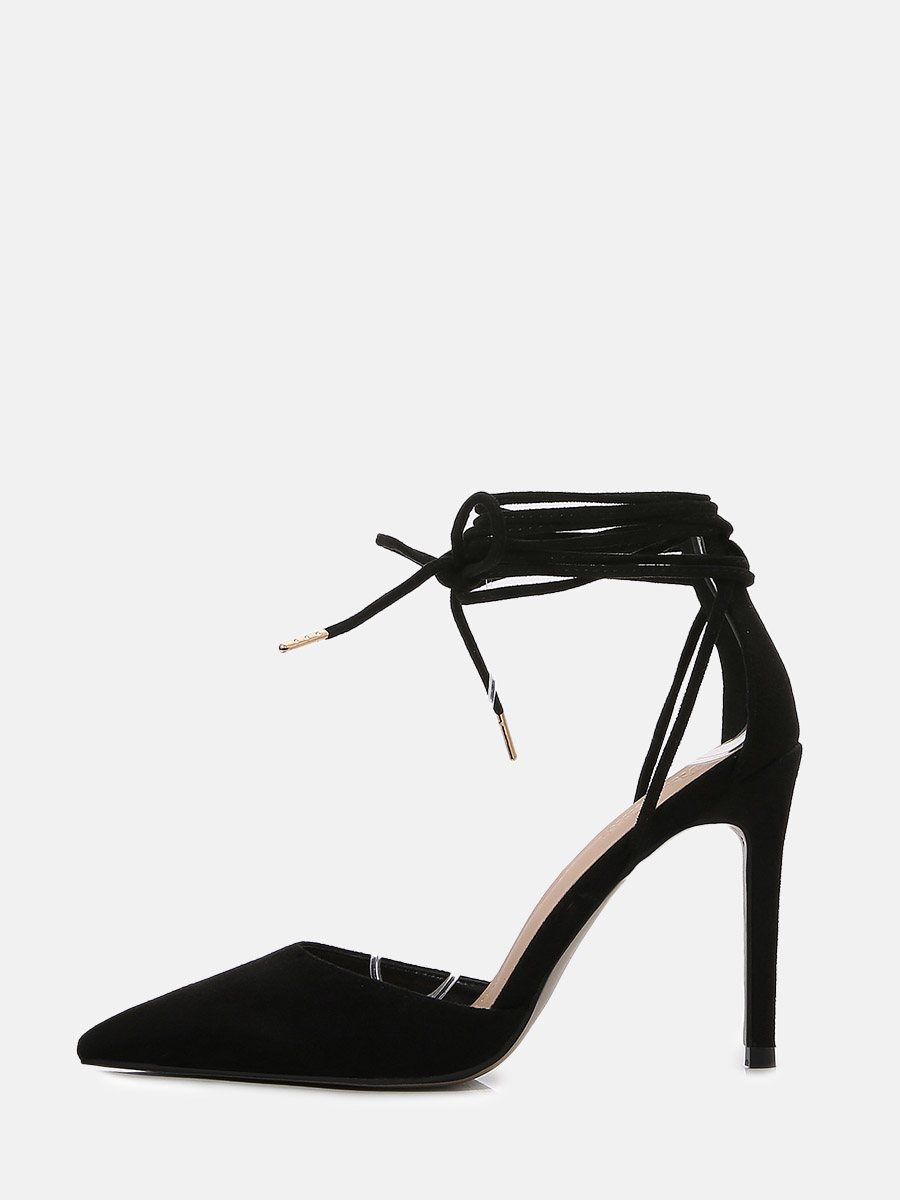 Women’s Black Suede Pointed Toe Wrap Strappy Stiletto Heels Pumps