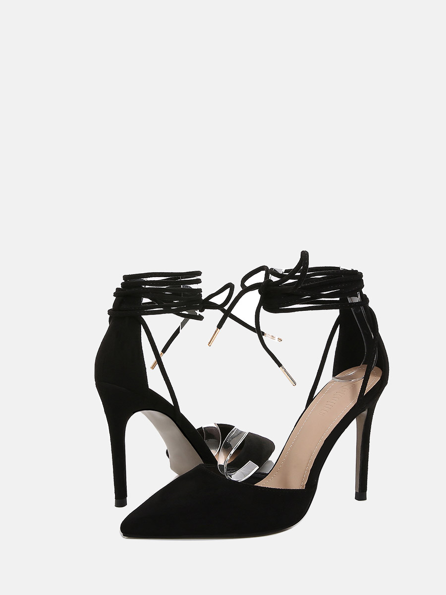 Women’s Black Suede Pointed Toe Wrap Strappy Stiletto Heels Pumps (2)