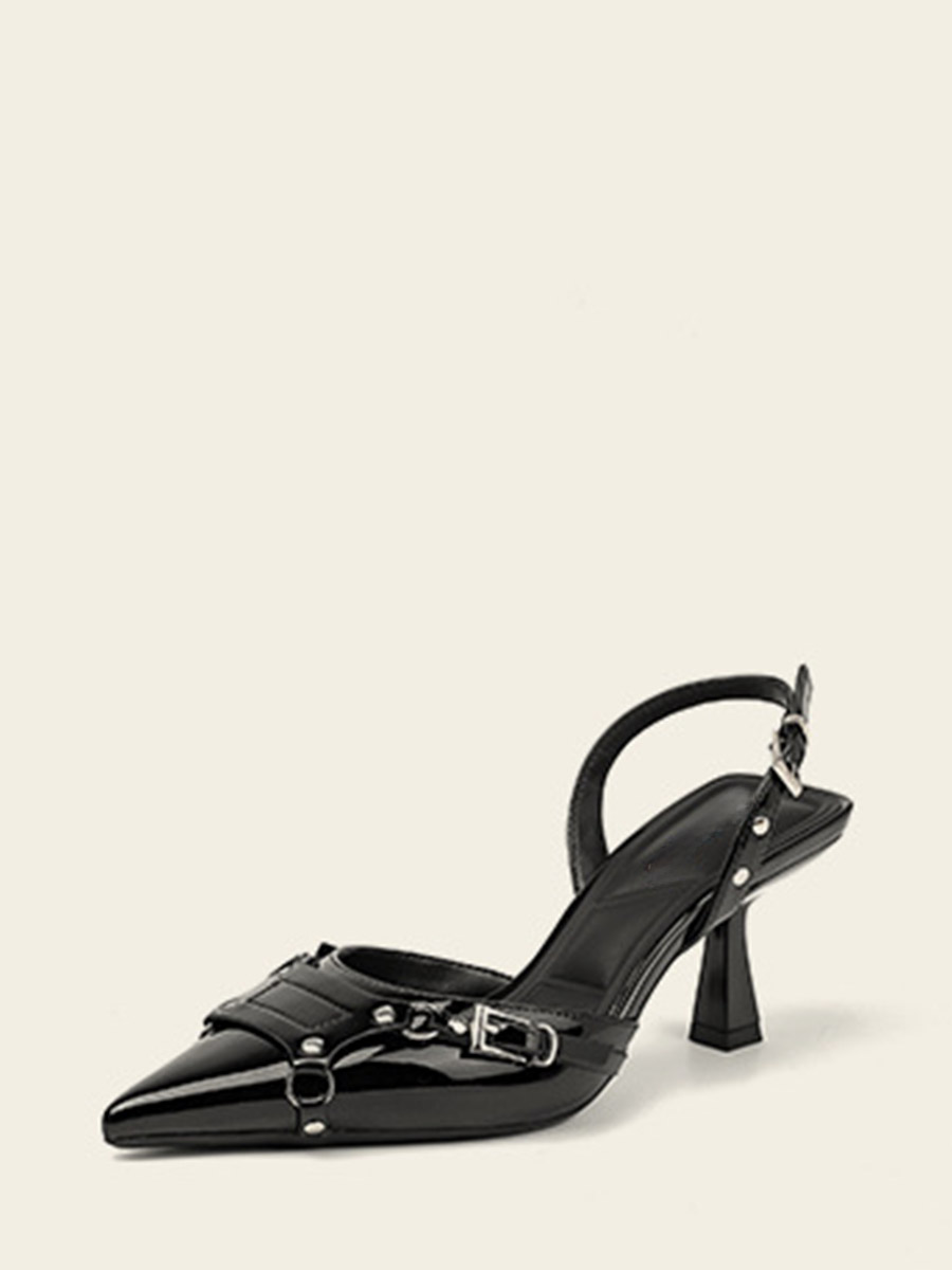 Women’s Black Synthetic Buckle Slingback Pointed Toe Spool Heel Pumps