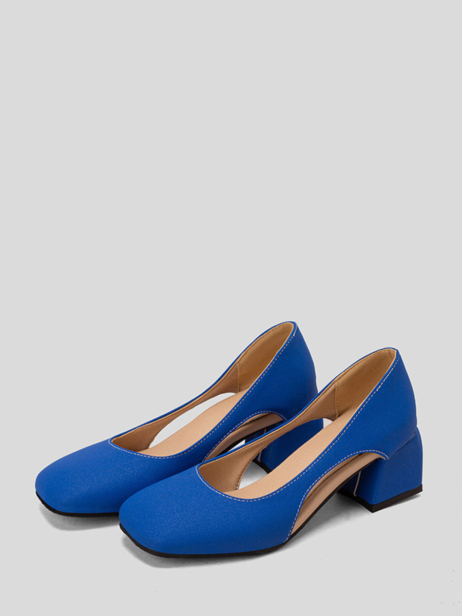 Women’s Blue Microfiber Square Toe Cut-out Block Heels Pumps