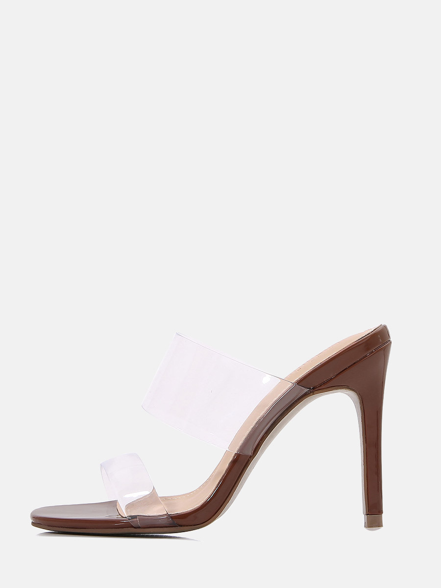 Women’s Coffee Patent Leather Clear Strap Square Toe Stiletto Heels Mule Sandals