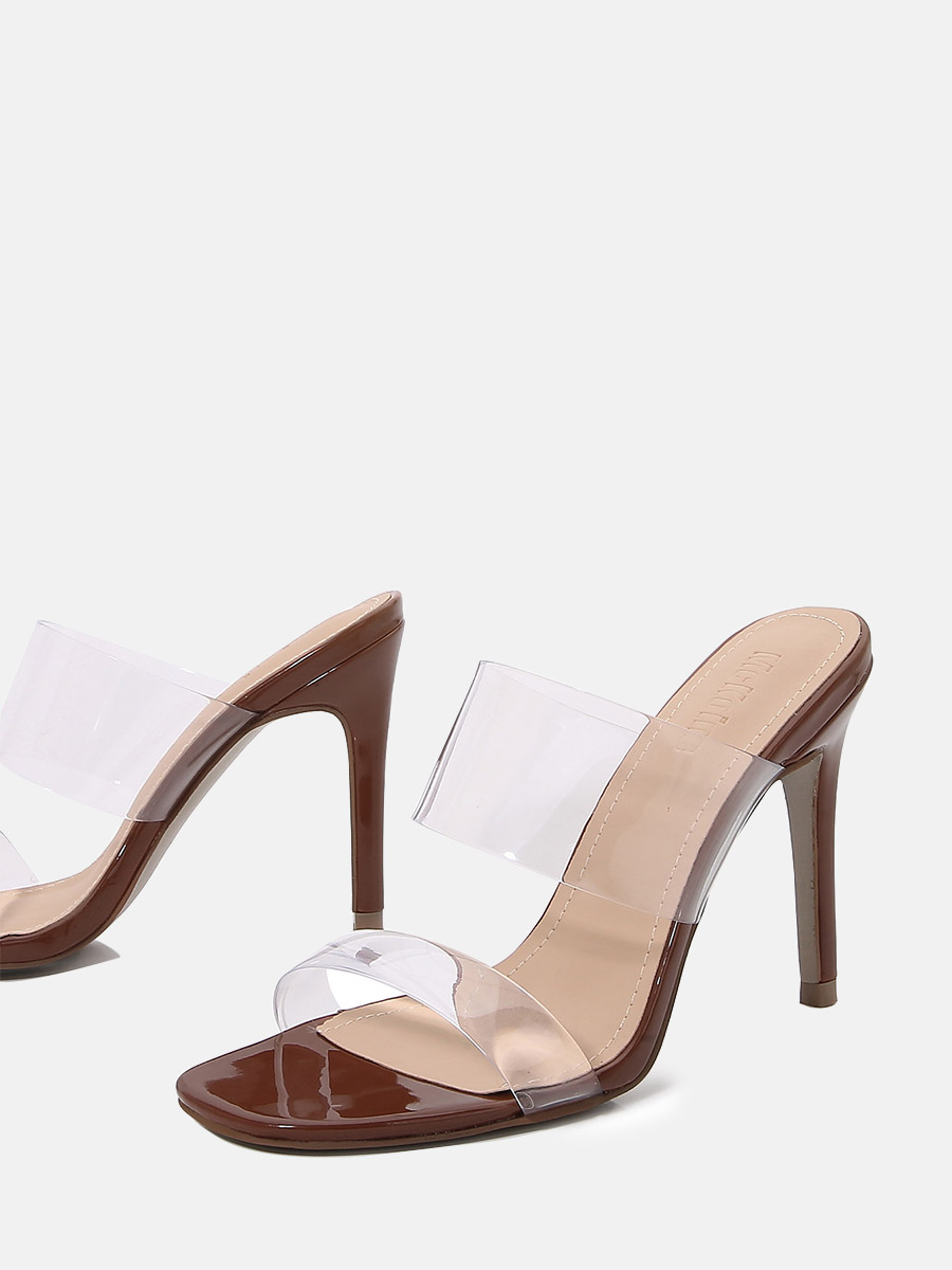 Women’s Coffee Patent Leather Clear Strap Square Toe Stiletto Heels Mule Sandals (2)