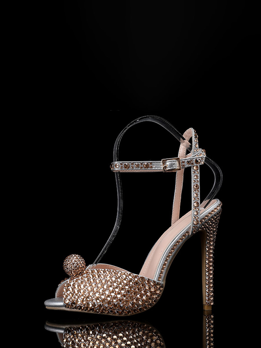 Women’s Gold Rhinestone PU Ankle Strap Stiletto Heels Peep Toe Sandals (4)