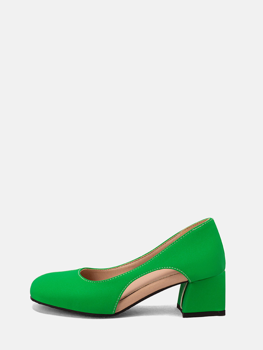 Women’s Green Microfiber Square Toe Cut-out Block Heels Pumps