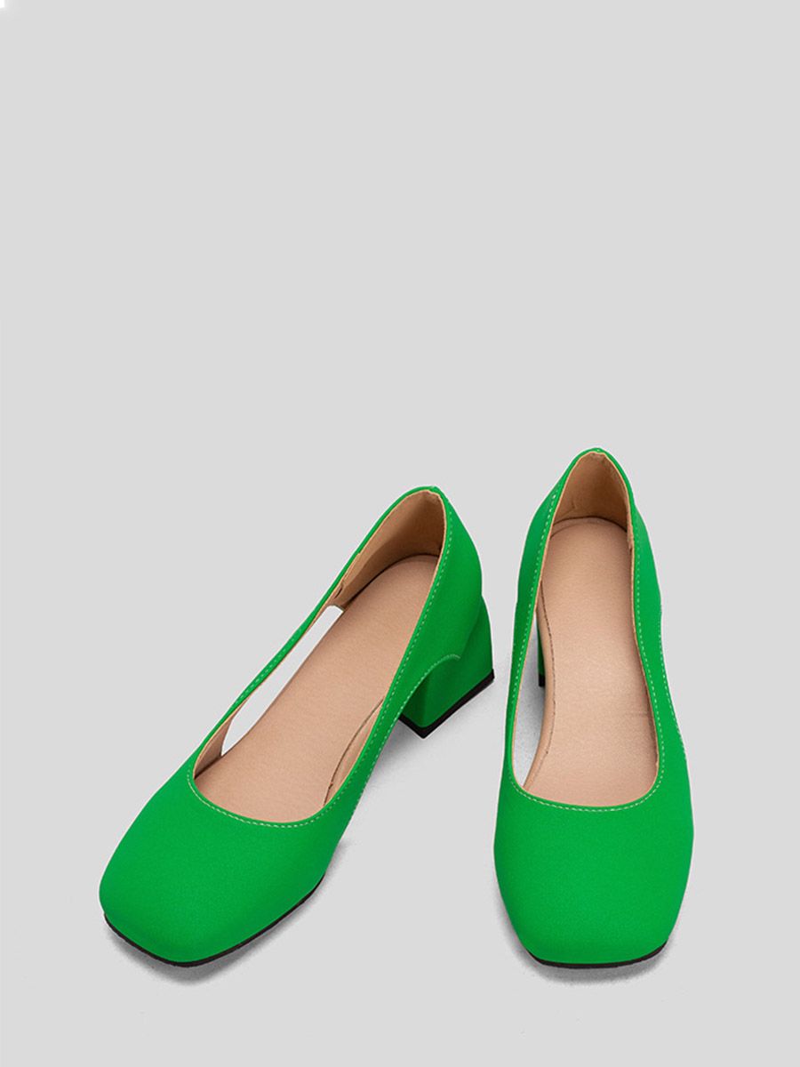 Women’s Green Microfiber Square Toe Cut-out Block Heels Pumps