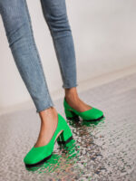 Women’s Green Microfiber Square Toe Cut-out Block Heels Pumps