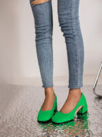 Women’s Green Microfiber Square Toe Cut-out Block Heels Pumps