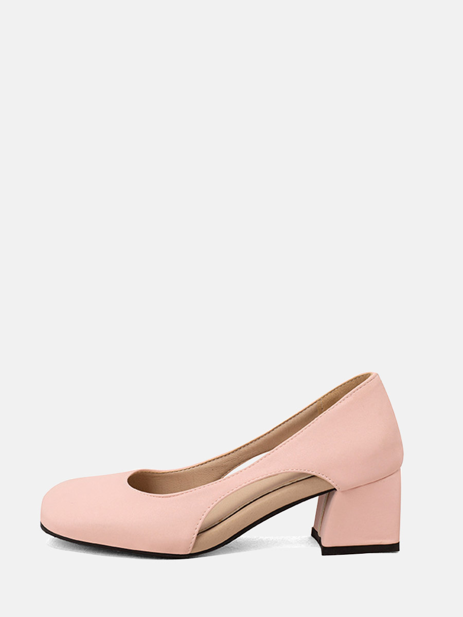 Women’s Light Pink Microfiber Square Toe Cut-out Block Heels Pumps