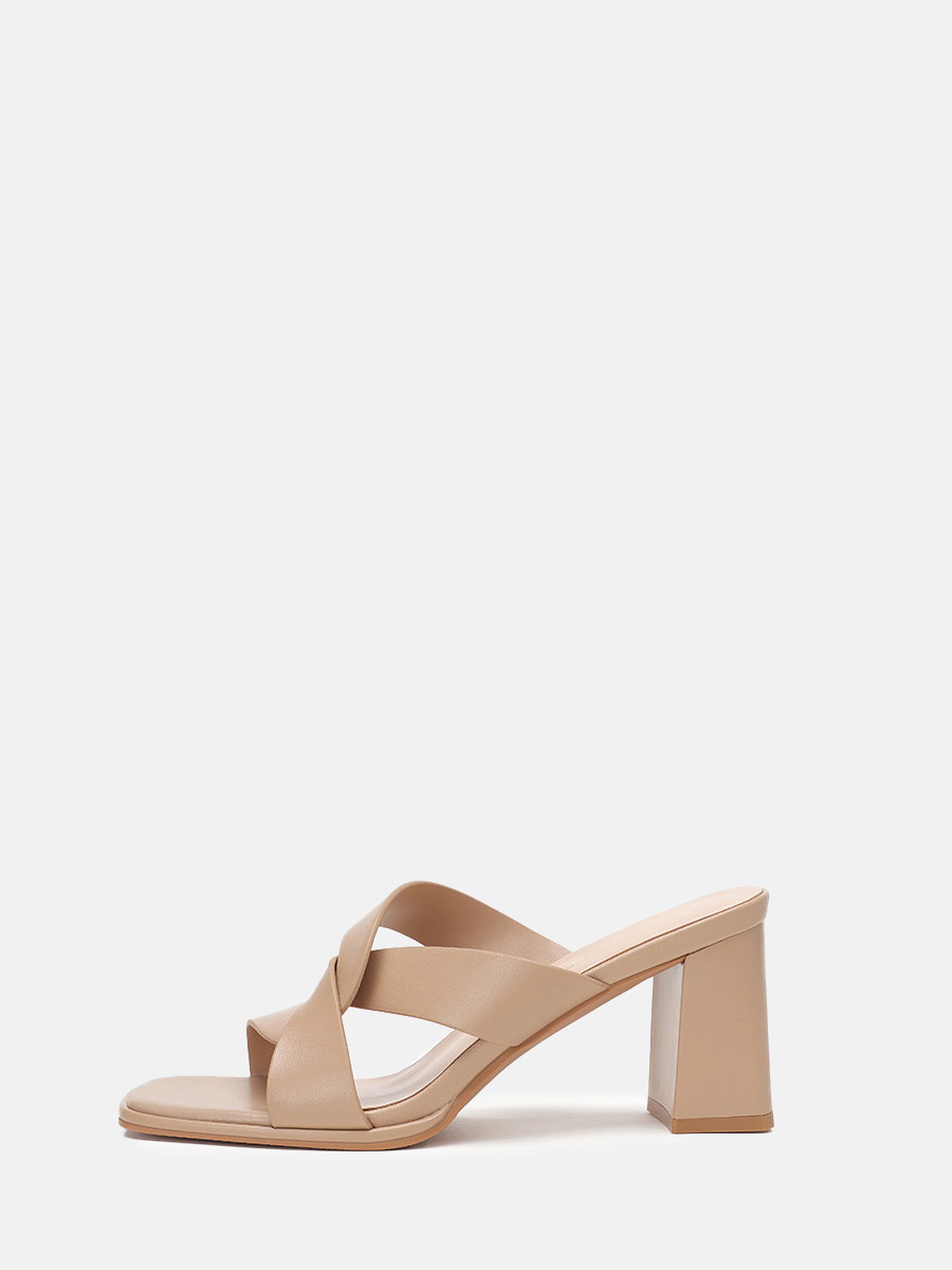 Women’s Nude Leather Crisscross Block Heels Square Toe Mules