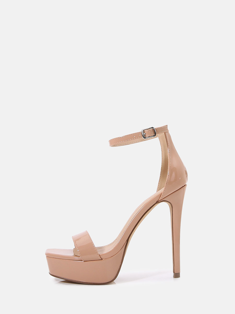 Women’s Nude Patent Leather Ankle Strap Square Toe Platform Stiletto Heels Sandals