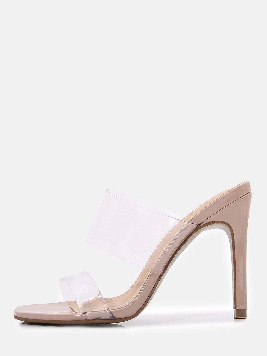 Women’s Nude Patent Leather Clear Strap Square Toe Stiletto Heels Mule Sandals