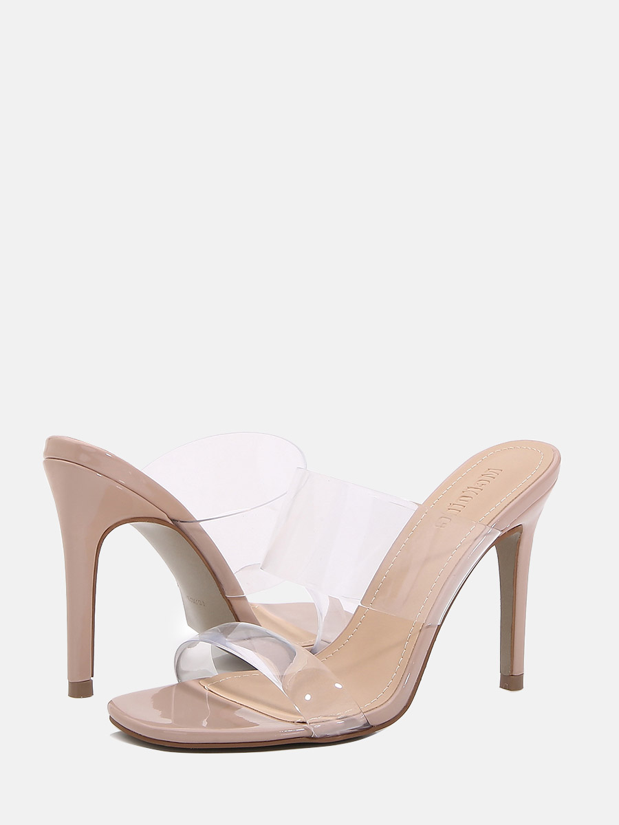 Women’s Nude Patent Leather Clear Strap Square Toe Stiletto Heels Mules Sandals (2)