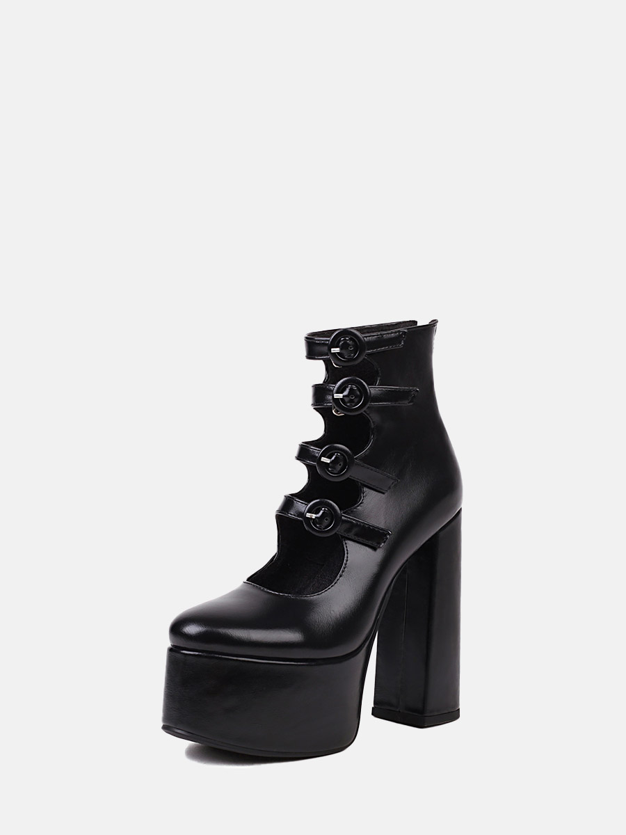 Women’s PU Back Zipper Cut-Out Buckle Platform Block Heels Ankle Boots