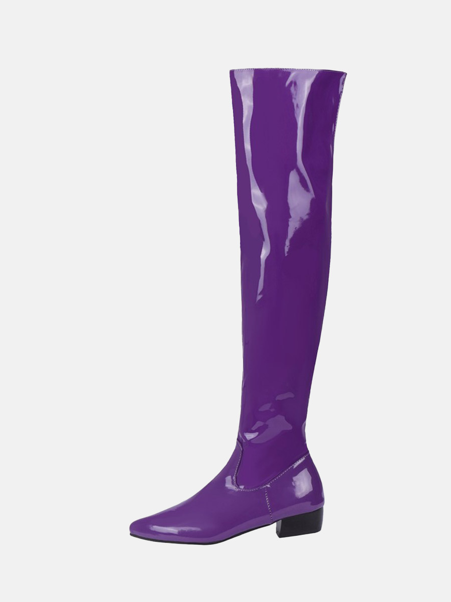 Women’s Patent Leather Side Zipper Pointed Toe Block Heel Over the Knee Boots