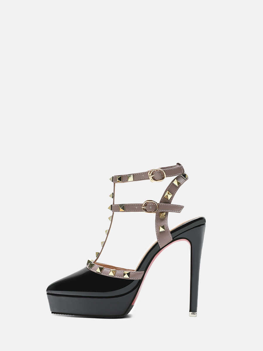 Women’s Black Patent Leather T-Strap Buckle Studded Platform Stiletto Heels Pumps