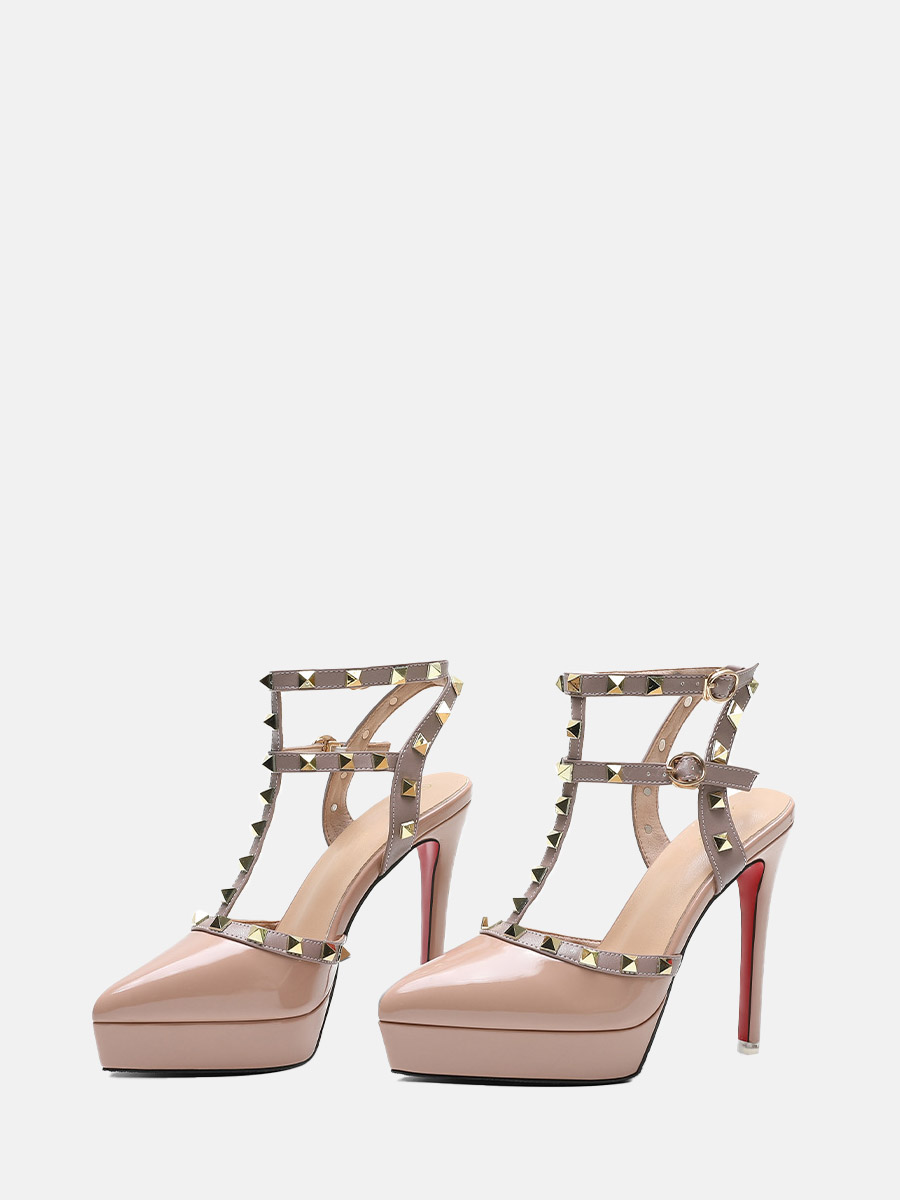 Women’s Patent Leather T-Strap Buckle Studded Platform Stiletto Heels Pumps (11)