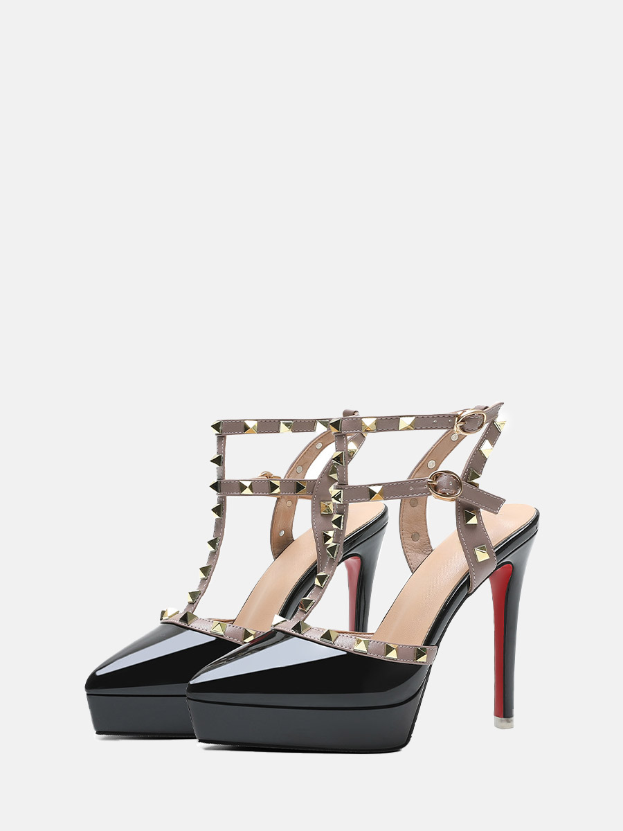 Women’s Patent Leather T-Strap Buckle Studded Platform Stiletto Heels Pumps (5)