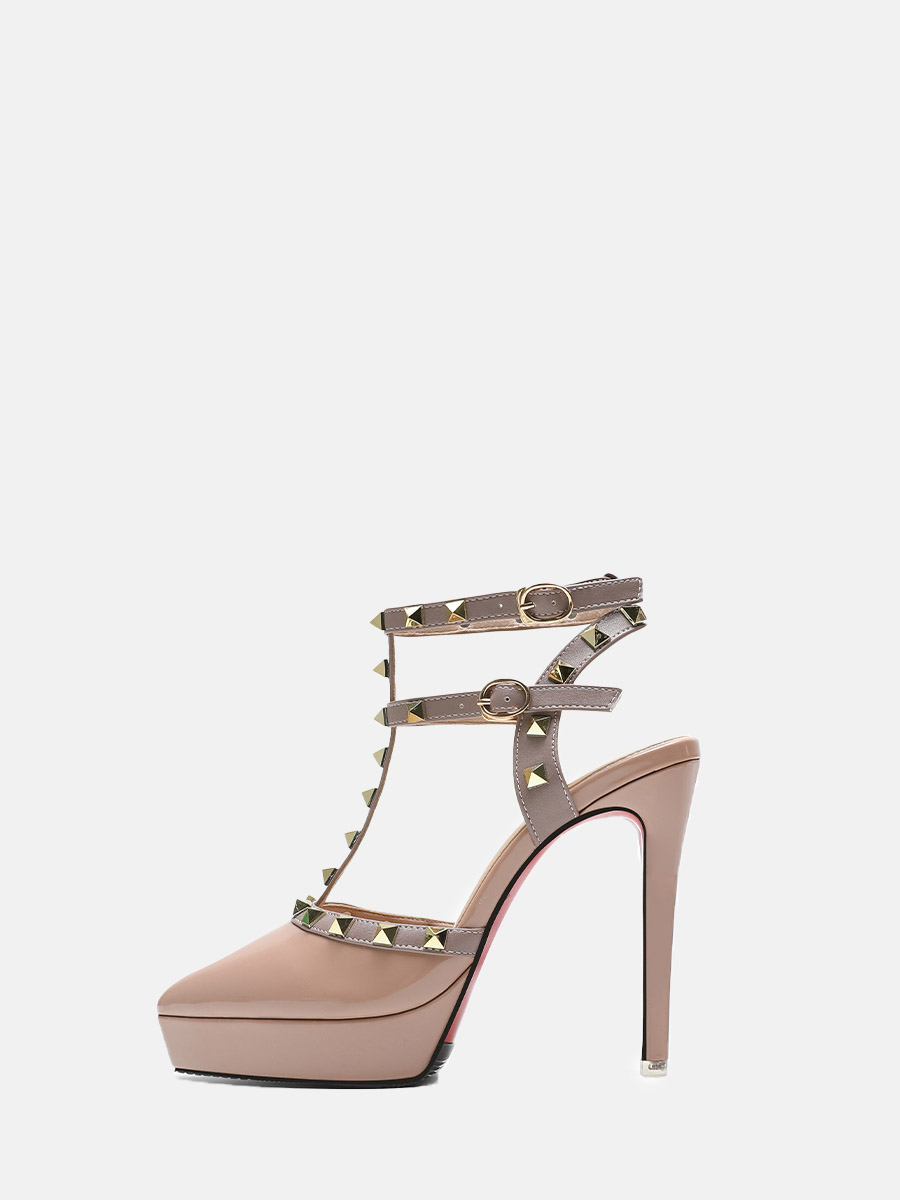 Women’s Nude Patent Leather T-Strap Buckle Studded Platform Stiletto Heels Pumps
