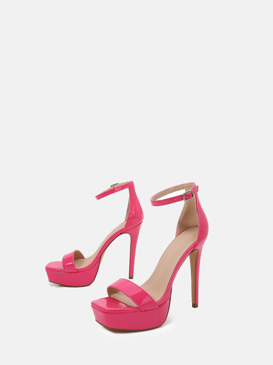 Women’s Pink Patent Leather Ankle Strap Square Toe Platform Stiletto Heels Sandals (2)