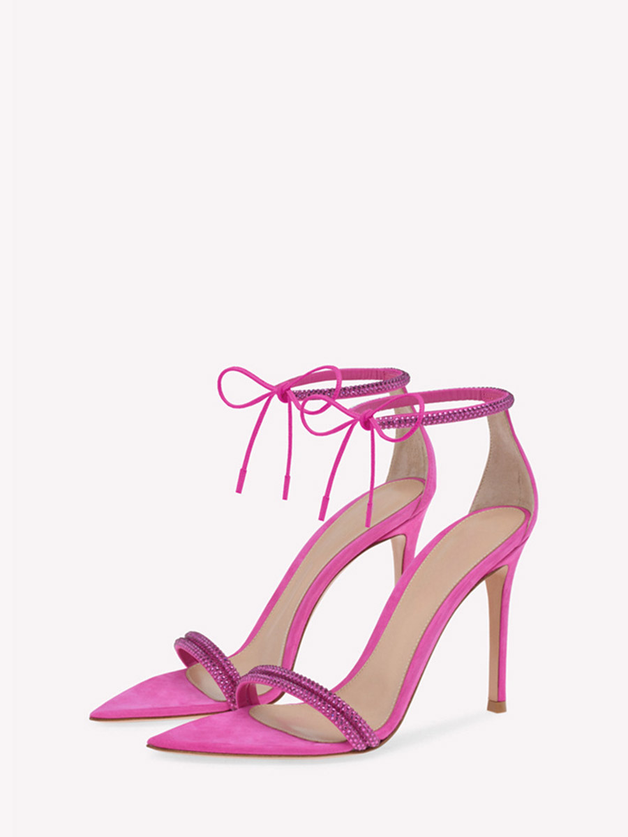 Women’s Pink Satin Pointed Toe Rhinestone Ankle Strap Stiletto Heels Sandals (4)