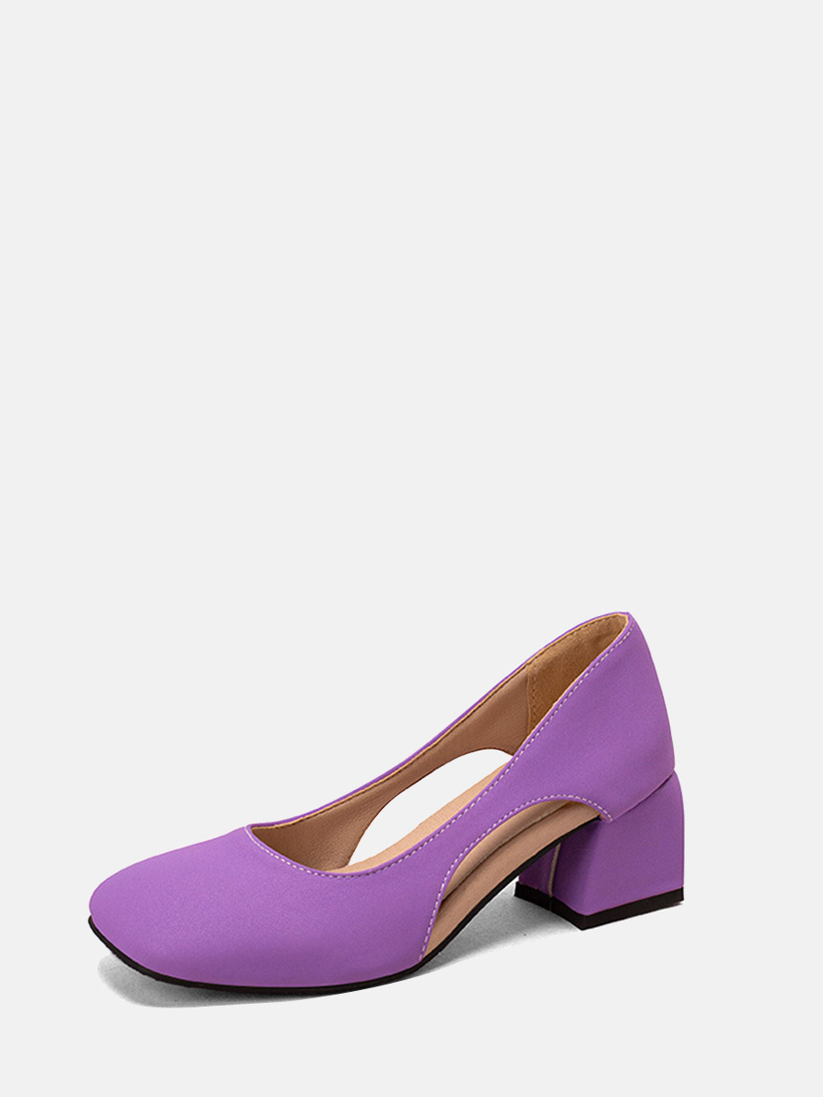 Women’s Purple Microfiber Square Toe Cut-out Block Heels Pumps (1)