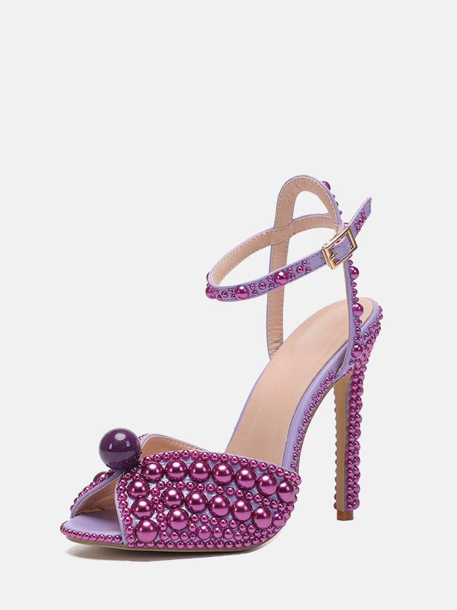 Women’s Purple Pearl PU Ankle Strap Stiletto Heels Peep Toe Sandals (1)