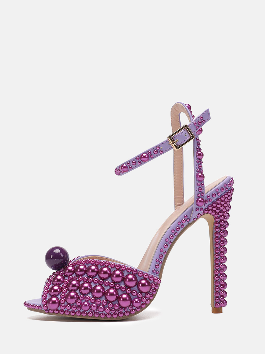 Women’s Purple Pearl PU Ankle Strap Stiletto Heels Peep Toe Sandals