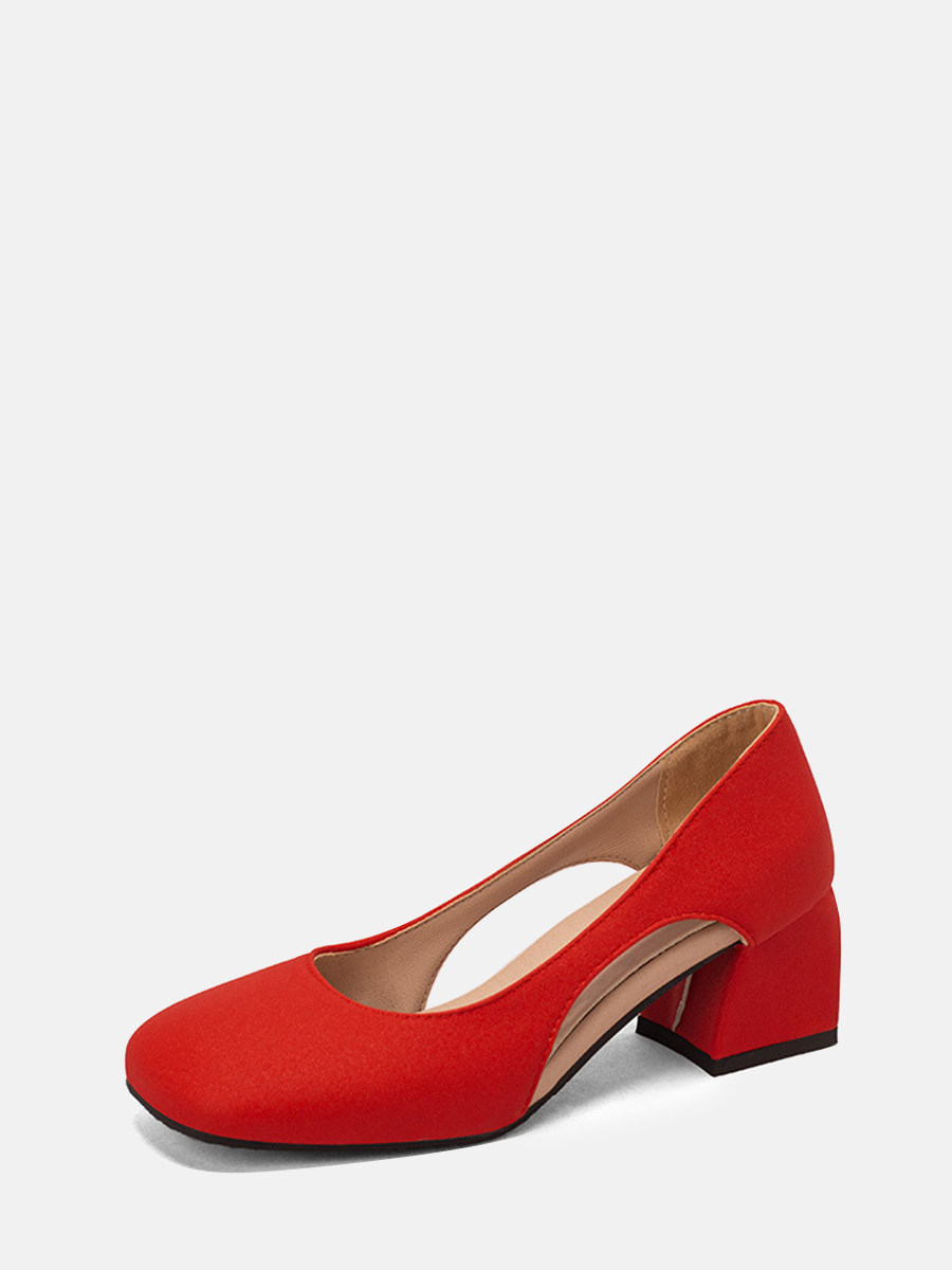 Women’s Red Microfiber Square Toe Cut-out Block Heels Pumps (1)