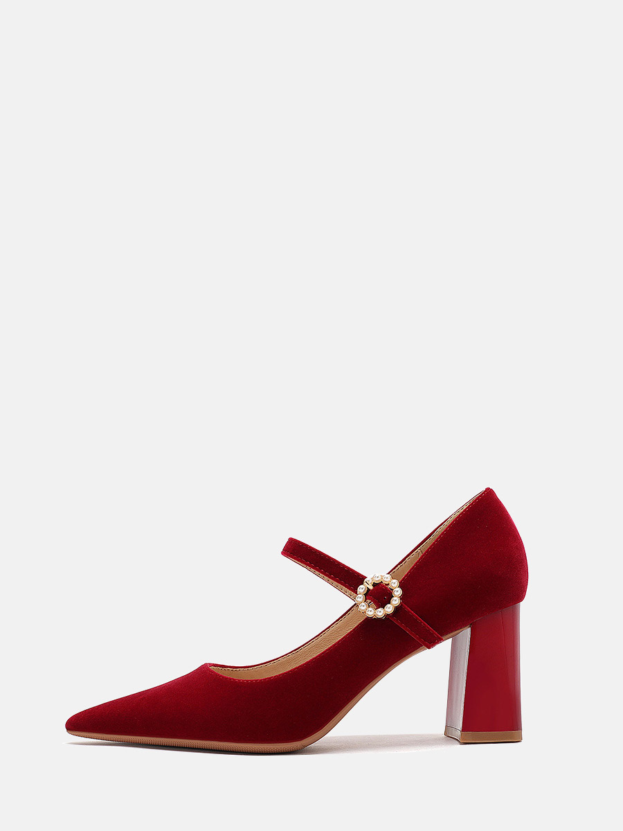 Women’s Red Satin Mary Jane Pearl Buckle Block Heels Pointed Toe Pumps