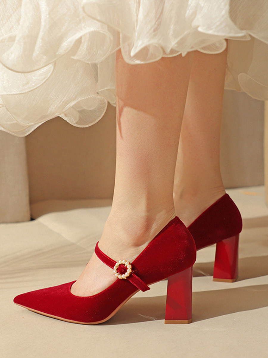Women’s Red Satin Mary Jane Pearl Buckle Block Heels Pointed Toe Pumps (5)
