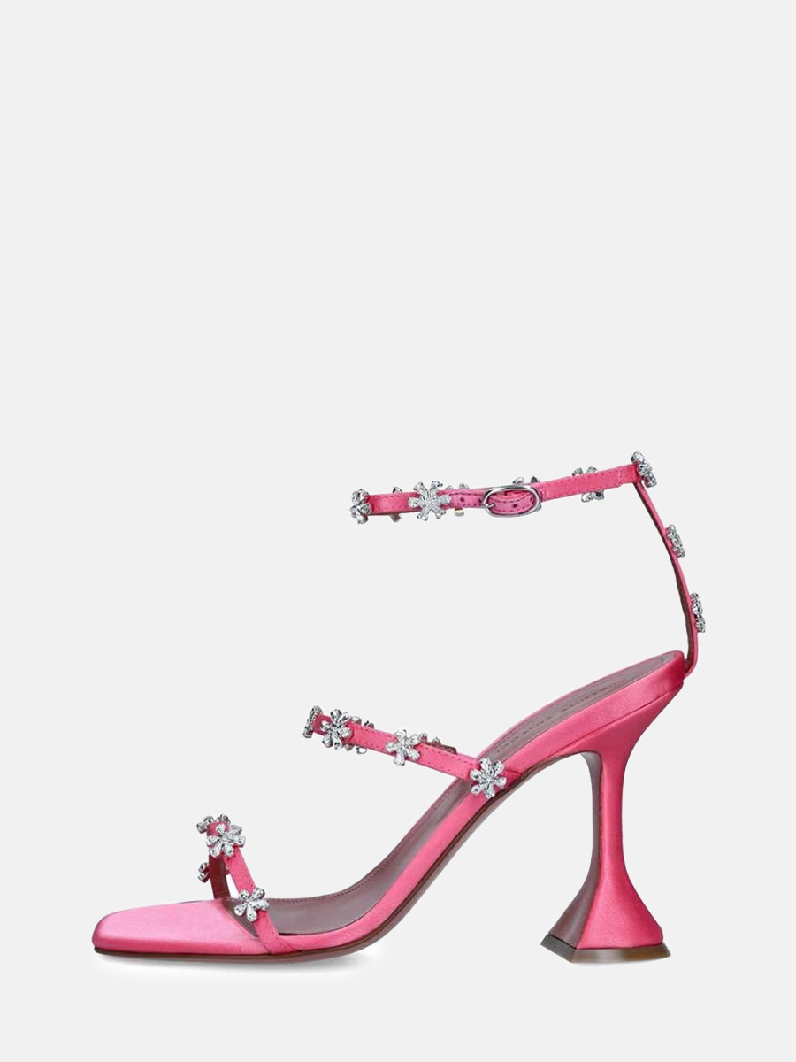 Women’s Satin Square Toe Rhinestone Flower Ankle Strap Buckle Spool Heels Sandals