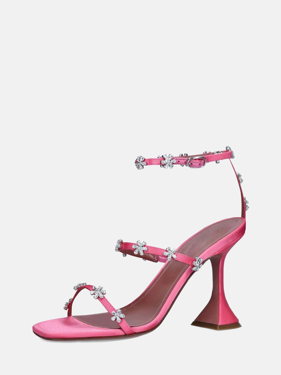 Women’s Satin Square Toe Rhinestone Flower Ankle Strap Buckle Spool Heels Sandals (2)