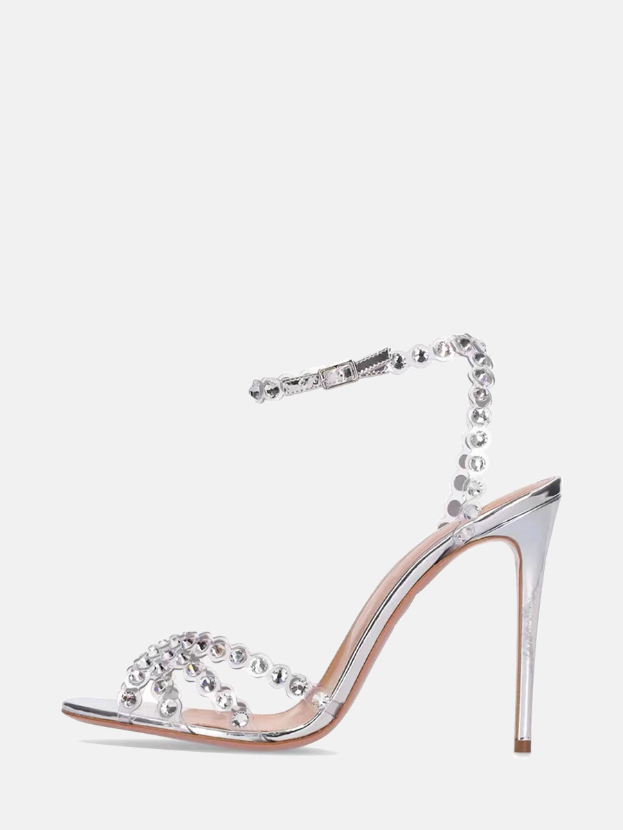 Women’s Silver PVC Crisscross Rhinestone Ankle Strap Buckle Stiletto Heels Sandals