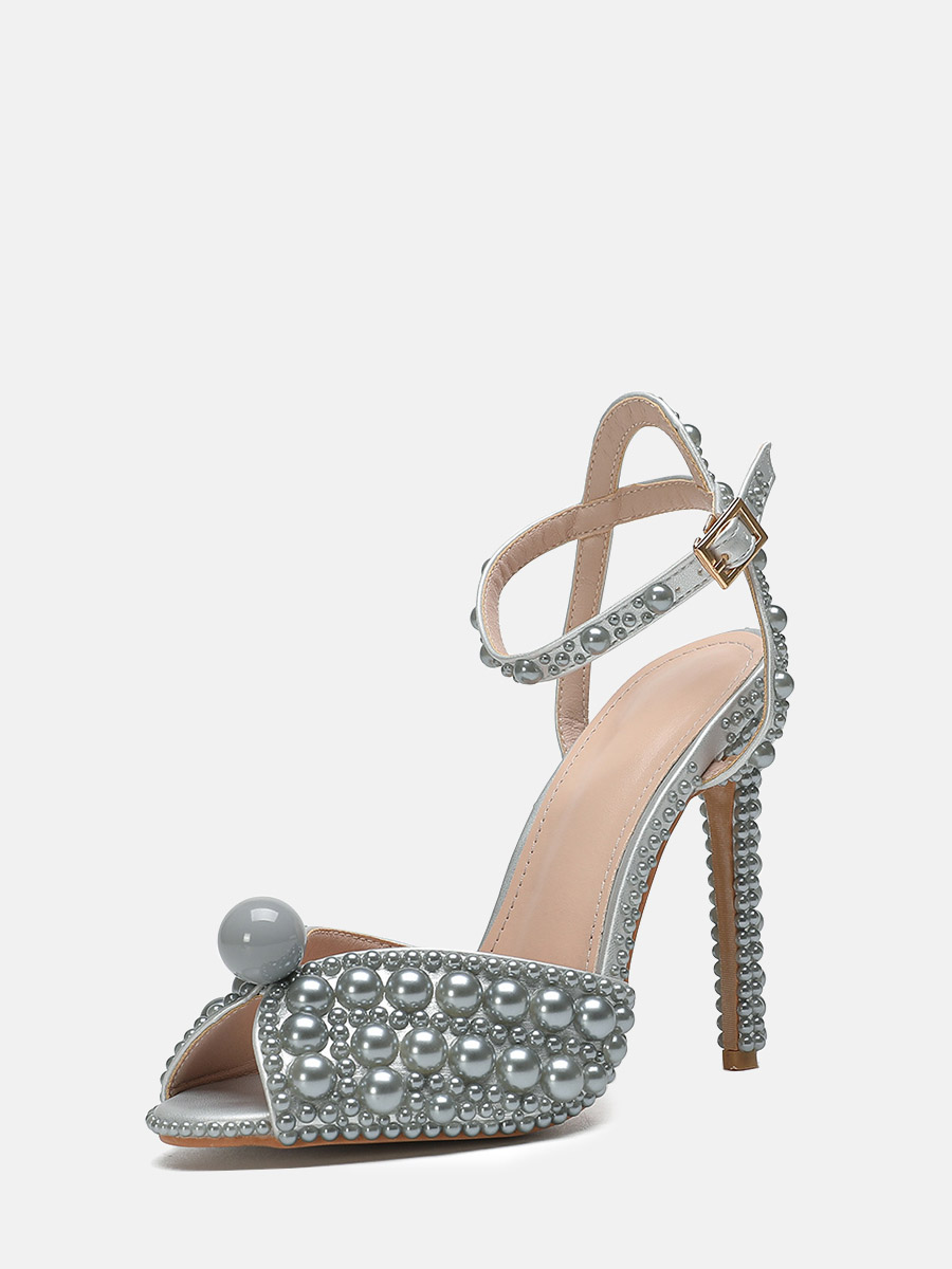 Women’s Silver Pearl PU Ankle Strap Stiletto Heels Peep Toe Sandals (1)