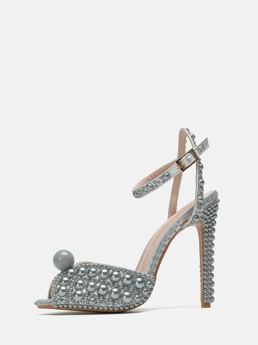 Women’s Silver Pearl PU Ankle Strap Stiletto Heels Peep Toe Sandals
