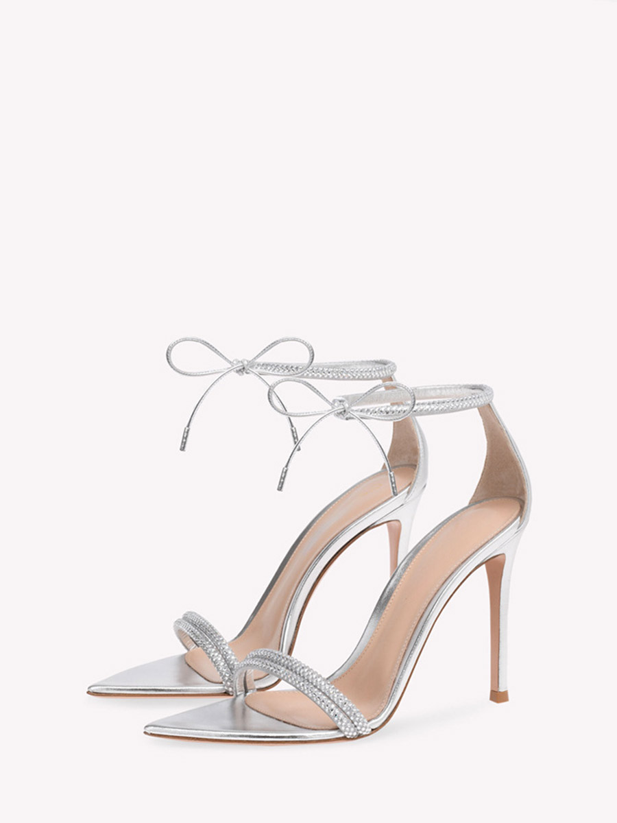 Women’s Silver Satin Pointed Toe Rhinestone Ankle Strap Stiletto Heels Sandals (1)