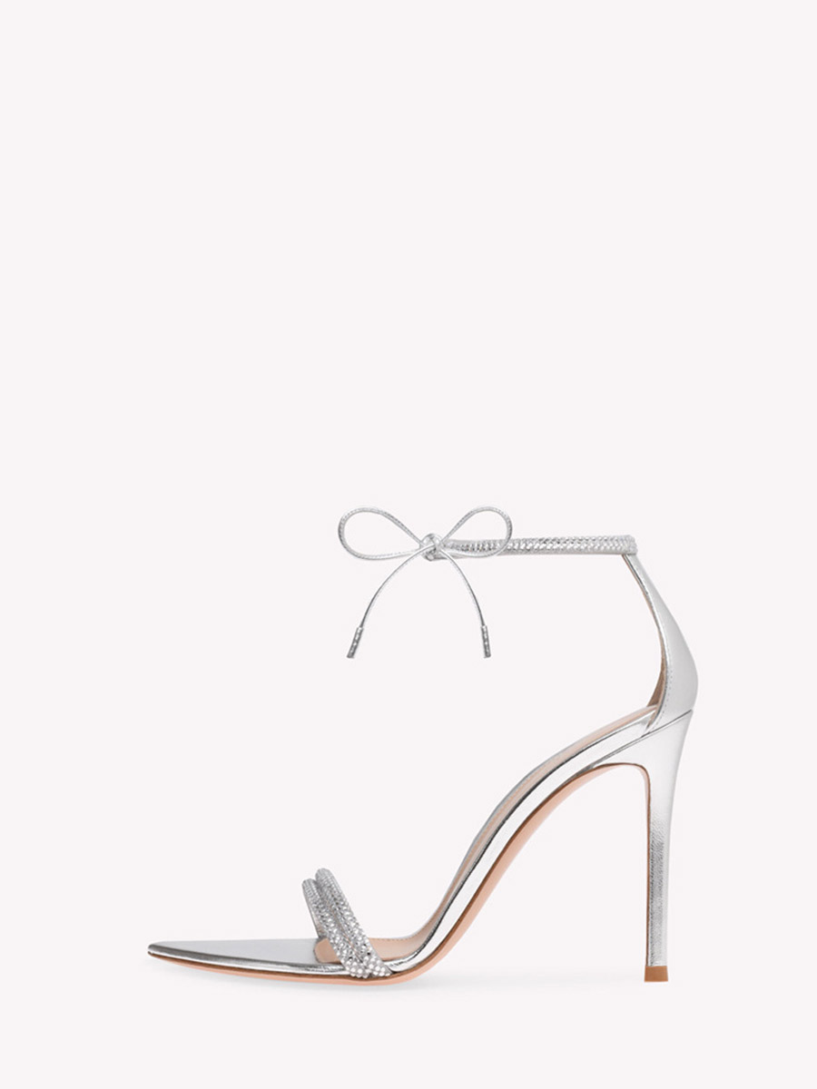 Women’s Silver Satin Pointed Toe Rhinestone Ankle Strap Stiletto Heels Sandals