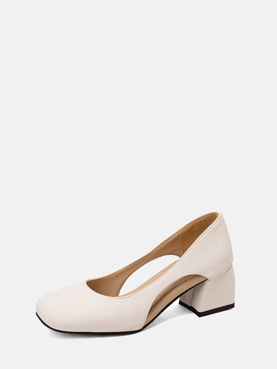 Women’s White Microfiber Square Toe Cut-out Block Heels Pumps (1)