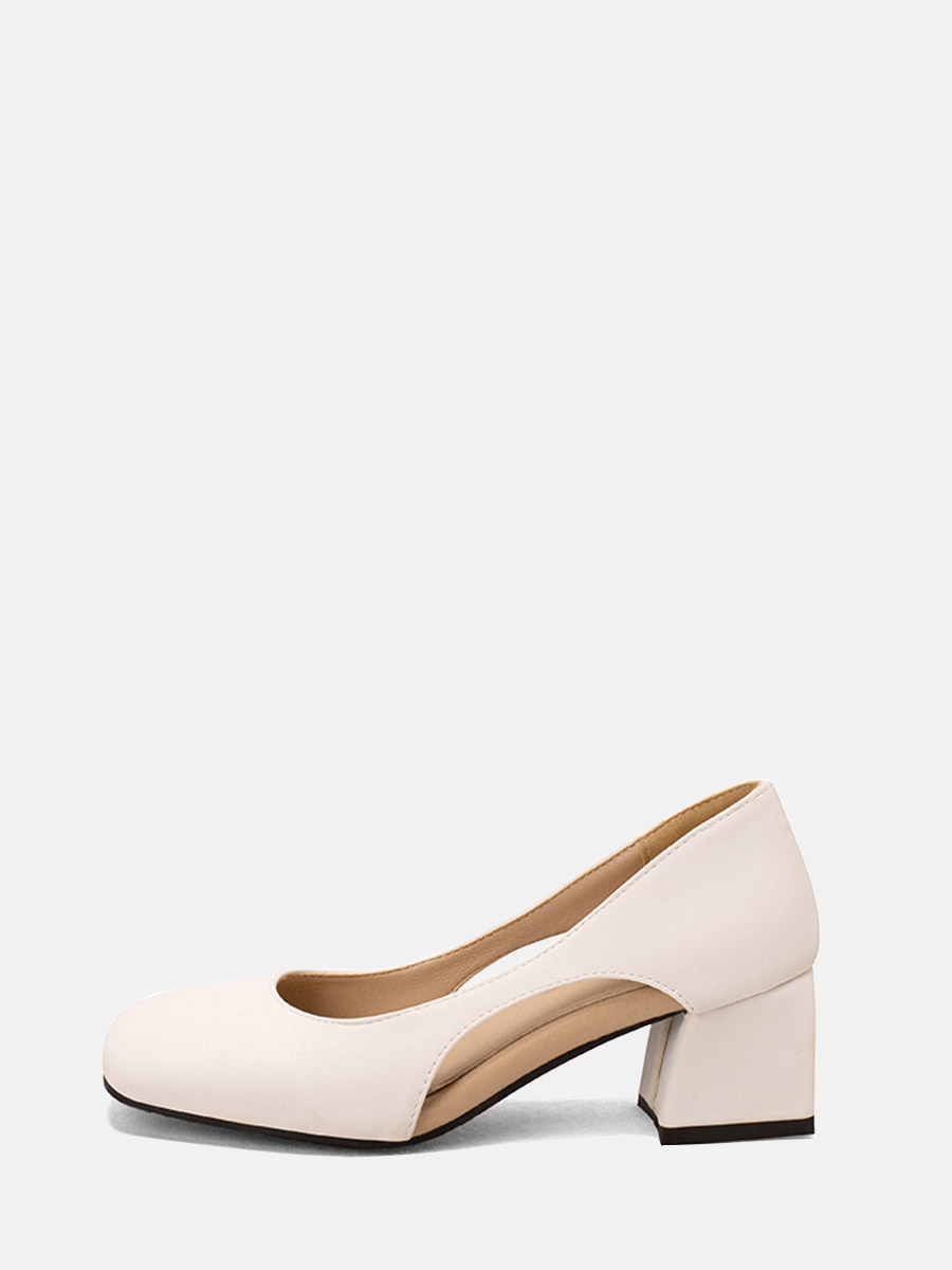 Women’s White Microfiber Square Toe Cut-out Block Heels Pumps