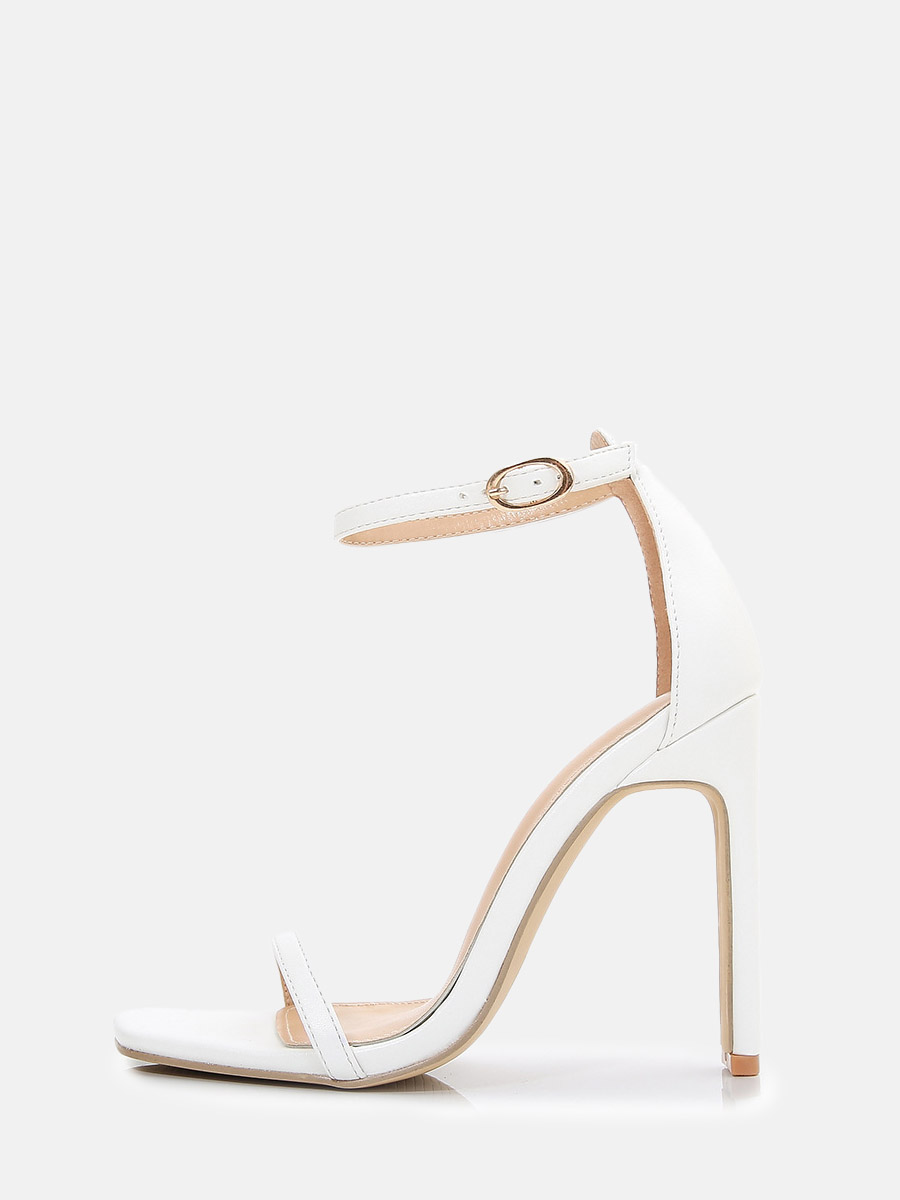 Women’s White PU Ankle Strap Buckle Block Heels Sandals