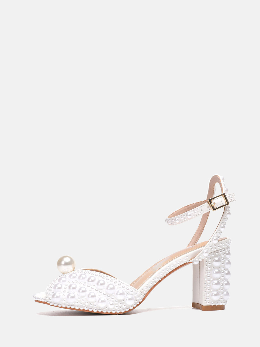 Women’s White PU Pearl Ankle Strap Buckle Peep Toe Block Heels Wedding Sandals