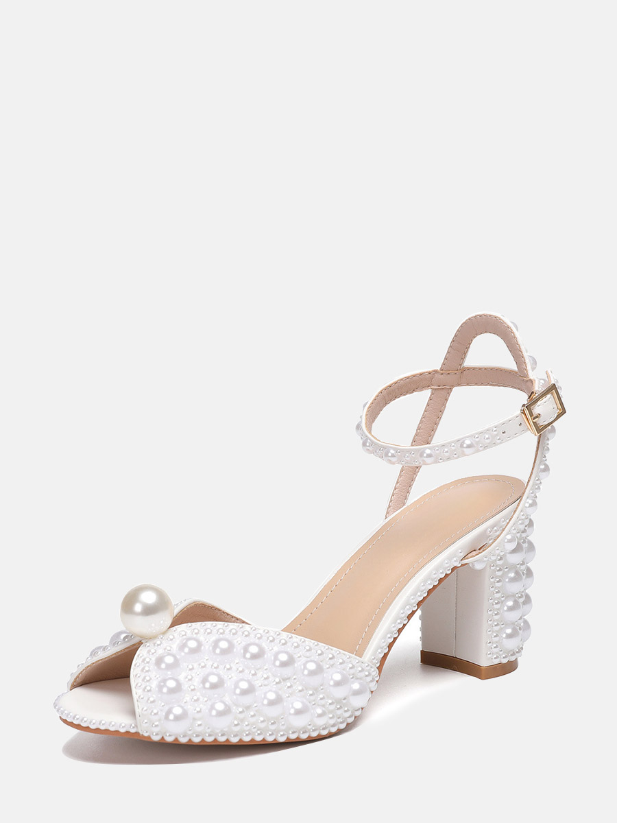 Women’s White PU Pearl Ankle Strap Buckle Peep Toe Block Heels Sandals (2)