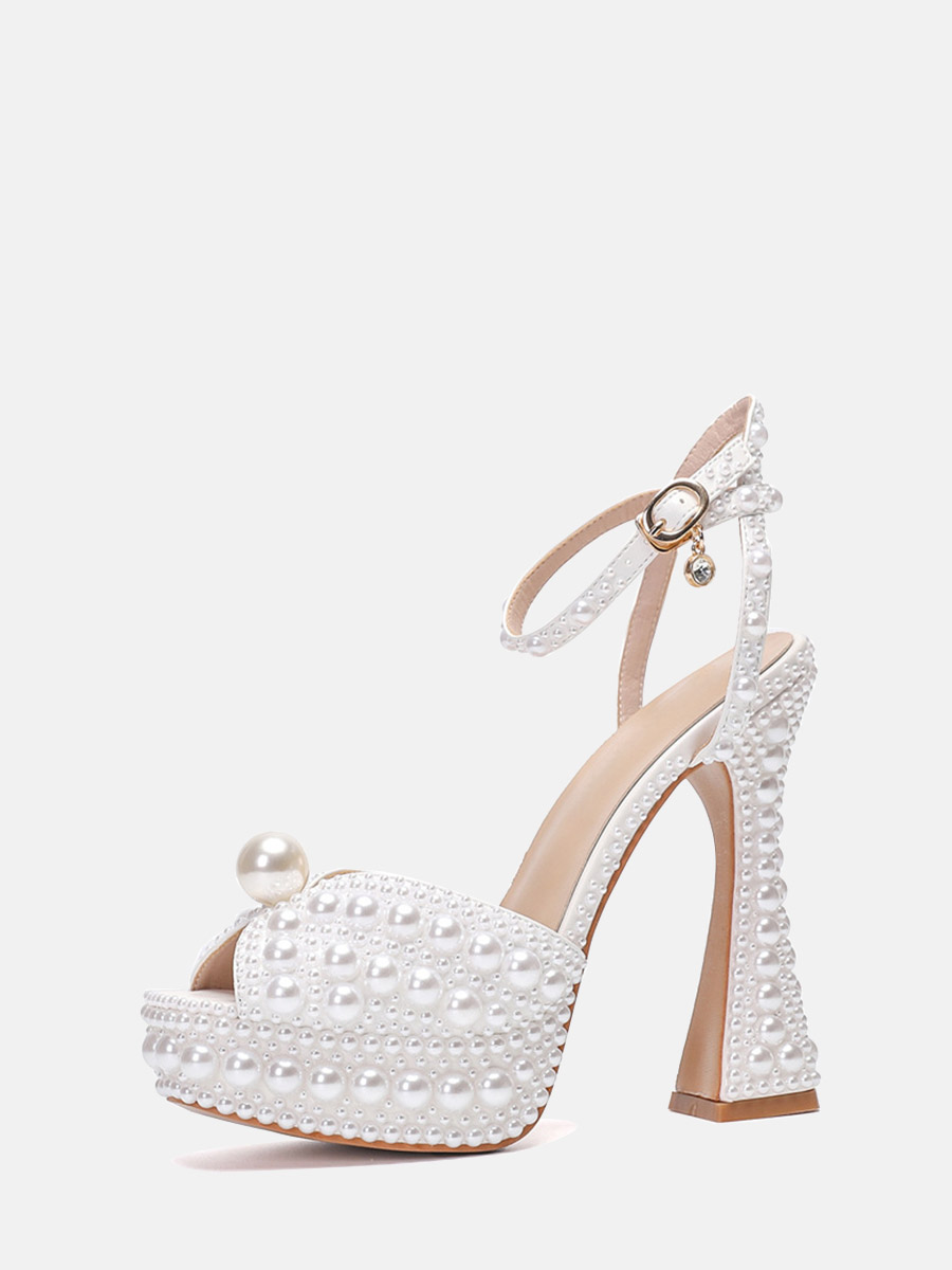 Women’s White PU Pearl Embellished Ankle Strap Buckle Wedding Platform Spool Heels Sandals