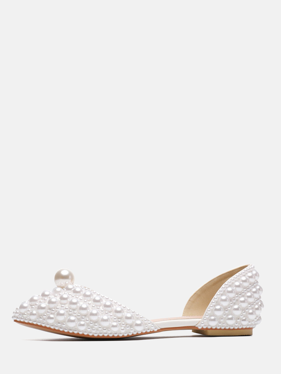 Women’s White PU Pearl Embellished Pointed Toe D'Orsay Flats