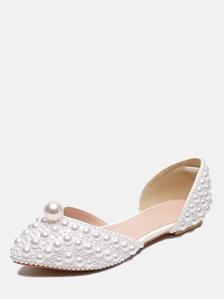 Women’s White PU Pearl Embellished Pointed Toe D’Orsay Flats (2)
