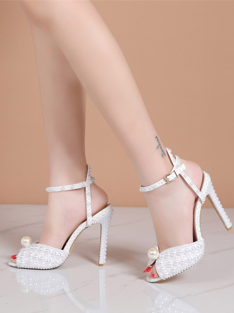 Women’s White Pearl PU Ankle Strap Stiletto Heels Peep Toe Sandals (1)